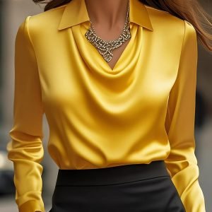 Professional Satin Button-Down Shirt - Elegant Long Sleeve Office Top