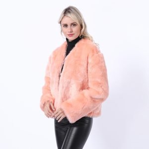 Collarless Zip-Front Rabbit Plush Jacket - Women's Winter Fashion