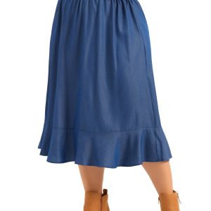 Chambray Ruffle Midi Skirt - Comfortable Elastic Waist Design