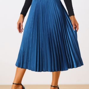 Elegant Metallic Pleated Midi Skirt - Stretchy High Waist