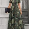 High Waist Camouflage Print Midi Dress