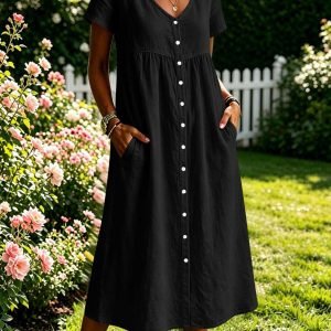 Women's V-Neck Short Sleeve Empire Waist Midi Dress with Pockets