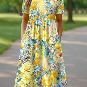 Plus Size Floral Print Vacation Midi Dress